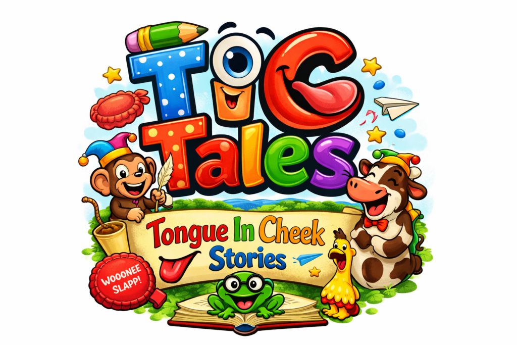 Colourful Quirky cartoon homepage illustration for TIC Tales with tagline Tongue In Cheek Stories